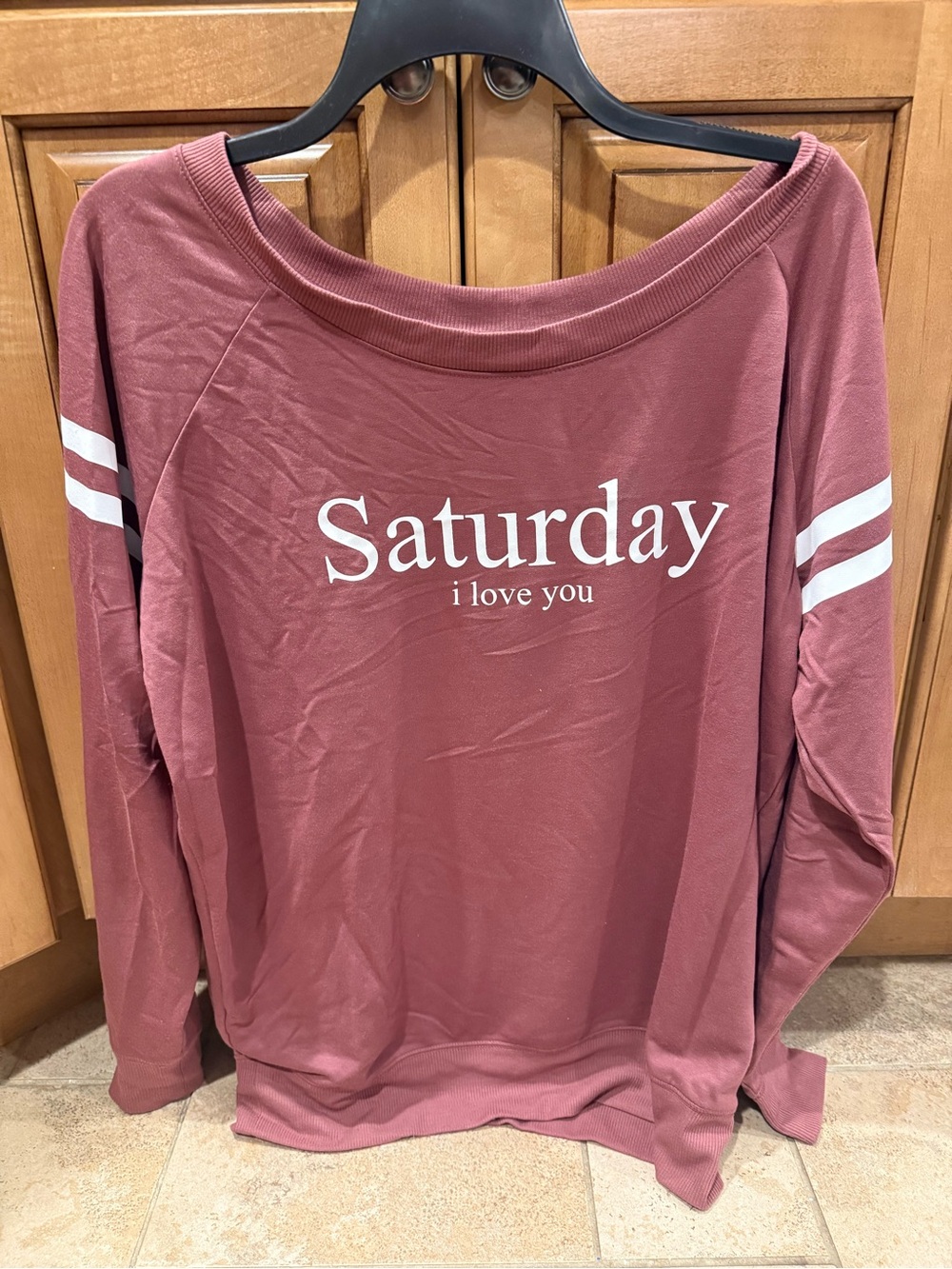 Express Off-Shoulder 'Saturday I Love You' Sweatshirt - Rose Dust